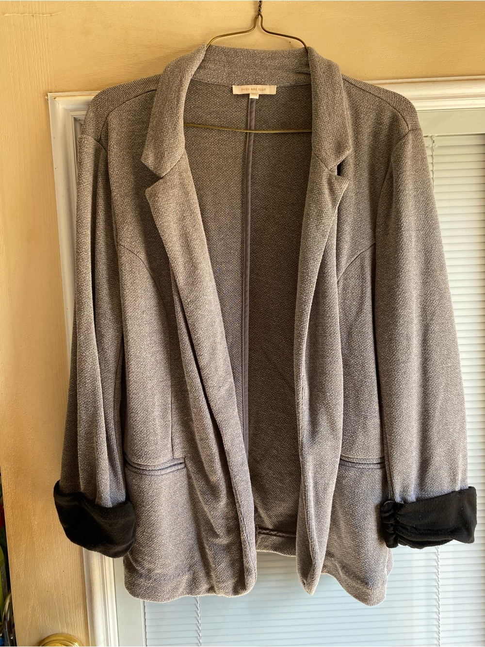 Skies Are Blue Heather Gray Open Front Blazer with Black Cuff Detail